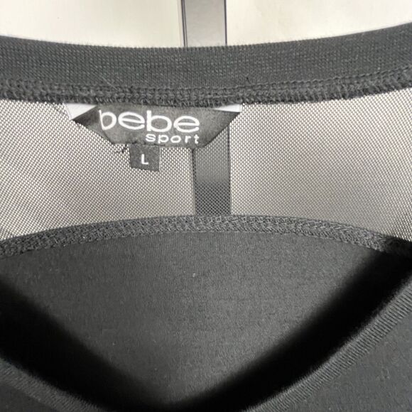 Bebe Sport Black T Shirt Large NWT Rainbow Spellout Logo V-Neck Sheer Back Edgy - Picture 3 of 4